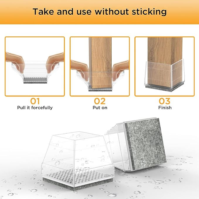 Square Chair Leg Protectors for Hardwood Floors,16 Pcs Silicone Felt Furniture Legs Caps to Prevent Floor from Scratches and Reduce Noise, Easy to Move,1.26-1.57",Clear.