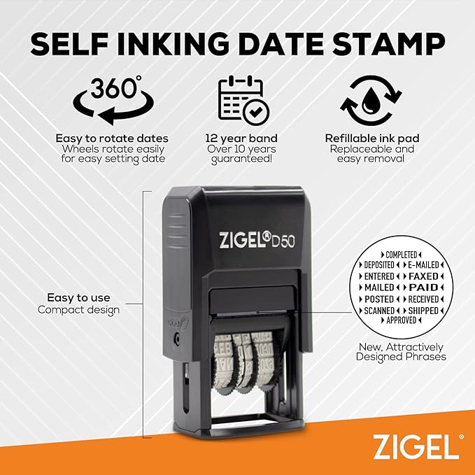ZIGEL D50 Date Stamp with E-MAILED - Self Inking Date Stamp - Blue/Red