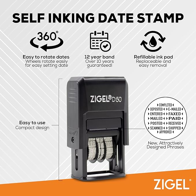 ZIGEL D50 Date Stamp with Entered - Self Inking Date Stamp - Red