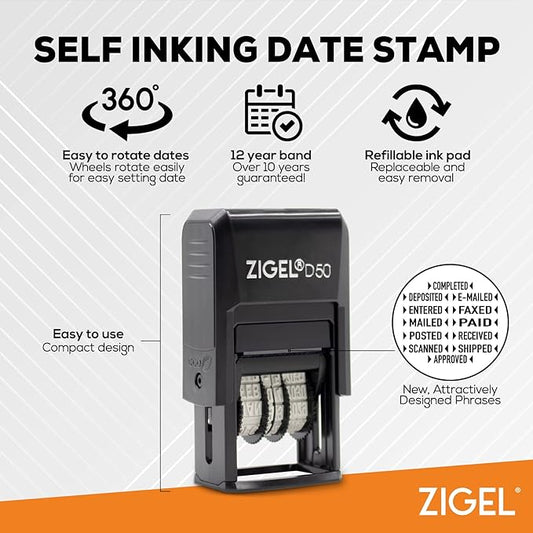 ZIGEL D50 Date Stamp with Paid - Self Inking Date Stamp - Black