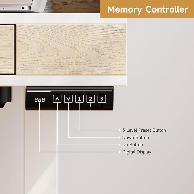 Standing Desk With Drawers, 55x23.6 Inch Electric Stand Up Workstation With Storage Shelf and Memory Controller, Adjustable Height 28-46 Inch for Computer, White