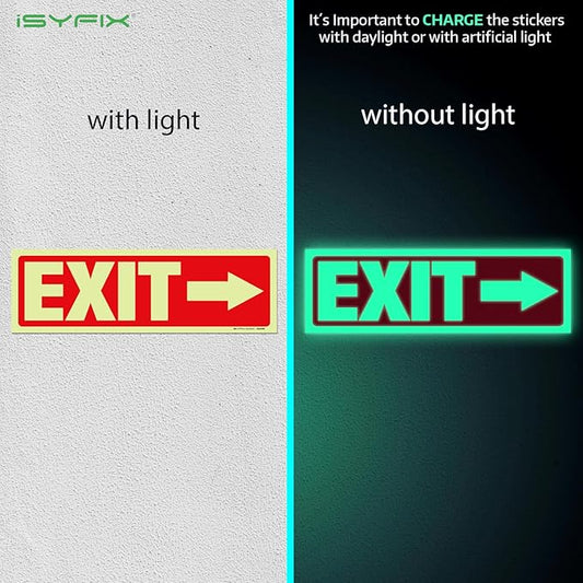 iSYFIX Exit Stickers Signs with Directional Right Arrow 6 Pack 12x4 Inch - Glow in the Dark Photoluminescent Vinyl for Office, School, Business, Warehouse - UV & Weather Resistant for Indoor/Outdoor Use