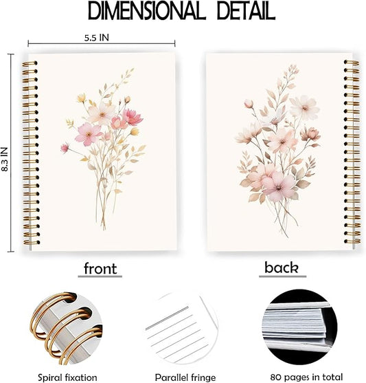 JWVK Pink Floral Spiral Notebook, Cottagecore Wildflower Notebooks for Note Taking, Rustic Wild Flower Botanical Journal for Writing, Pink Aesthetic Office Supplies, 5.5x8.3 Inch