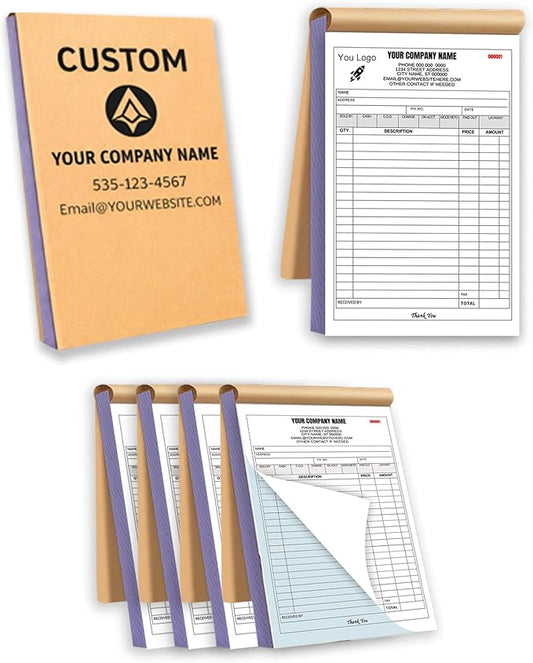 Custom Carbonless Invoice Book with Logo, Personalized Cover & Inner Pages, 2 Part NCR Receipt & Work Order Forms, Easy Tear, Writing Shield for Small Business (2-Part [White/Blue], 11.8x8.3INCH)