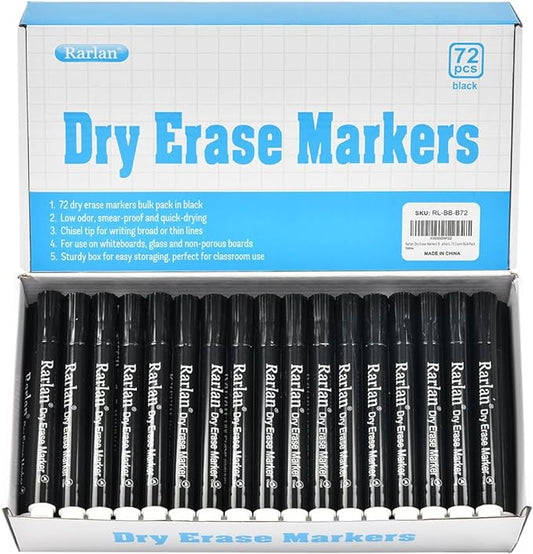 Rarlan Dry Erase Markers Bulk — Chisel Tip, Black, 72 Count