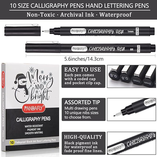 PANDAFLY Calligraphy Pen, 10 Size Calligraphy Pens for Writing, Brush Pens Calligraphy Set for Beginners, Hand Lettering Pen for Art Drawing, Sketching, Scrapbooking