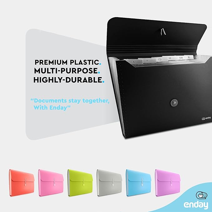 Accordion File Organizer Black, 7 Pocket Expanding File and Cover Folder with Labels, Plastic Portable Desktop Letter A4 Paper – by Enday