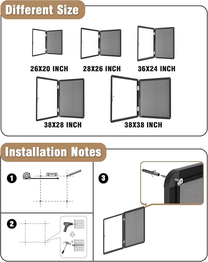 Mifuro 38"x38" Enclosed Bulletin Board, Lockable Weather-Resistant Aluminum Cork Noticeboard for School & Office, Black Frame w/Grey Flet