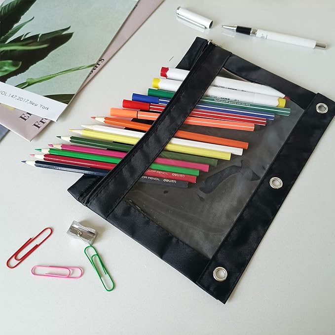 YoeeJob Pencil Pouch for 3 Ring Binder, Binder Pouches with Zipper Bulk, Pen Holder Case with Clear Window School Class Office Organizers, 24 Pack, Black
