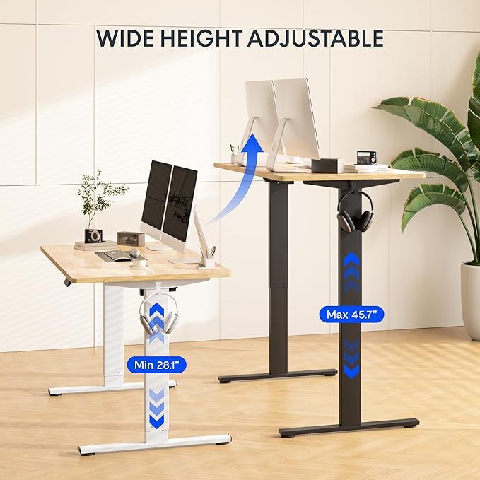 FLEXISPOT EN1 Solid Wooden Single-Piece Standing Desk, 48 x 24 Inches Sit Stand Desks for Home Office and Gaming (White Frame + Rubber Wood Top, 2 Packages)