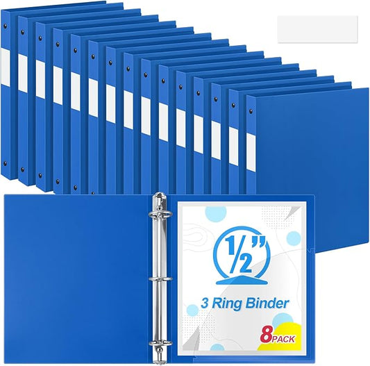 Henoyso 8 Pcs 3 Ring Binder 0.5 Inch Round Fits Letter Size 8.5'' x 11'' Paper Plastic Flexible Binder Bulk Holds 140 Sheets with 1 Pockets Versatile Organizer for Home Office School (Blue)
