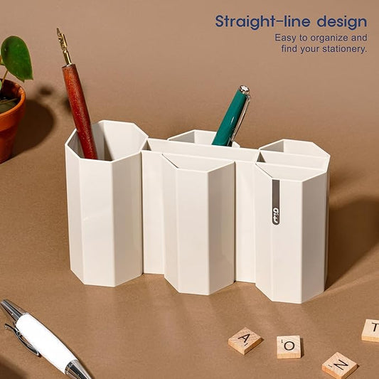 AonT Design Small Desk Organizer - Beige Pen Tray & Holder (Multi-Compartment) (Made in Korea) – Modern Office Storage Supplies Organizer and Aesthetic Decor for Accessories