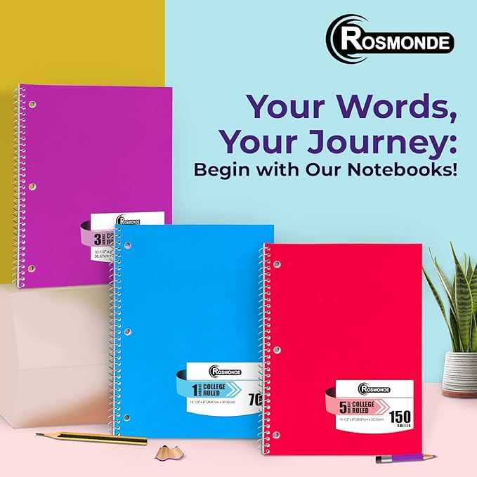 Rosmonde Spiral Notebook 12 Pack, 5 Subject, 300 Pages/Book (150 Sheets), College Ruled, 8 x 10-1/2, School & Office Bulk Spiral Notebooks, Spiral Journal for College, Soft Cover, Assorted Colors