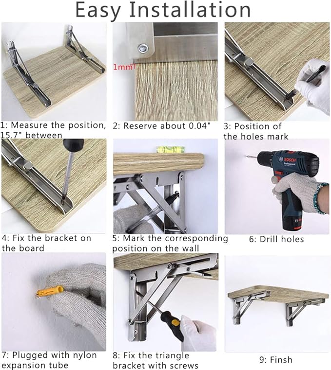 Folding Shelf Brackets, Max Load 300 lb, Heavy Duty Stainless Steel Collapsible Wall Mounted Shelf Brackets for Table, Space Saving DIY Bracket, Pack of 2 (2, Foldable 16")