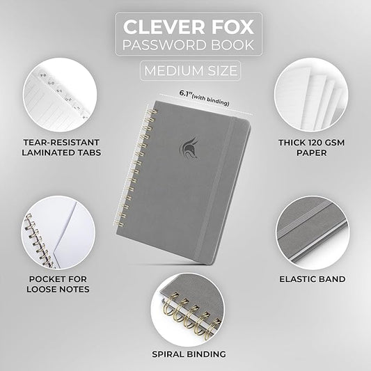 Clever Fox Password Book Spiral – Internet Address & Password Organizer with Laminated Alphabetical Tabs – Password Keeper Journal – Hardcover, Medium Size, 6.1x7.7” (Gray)