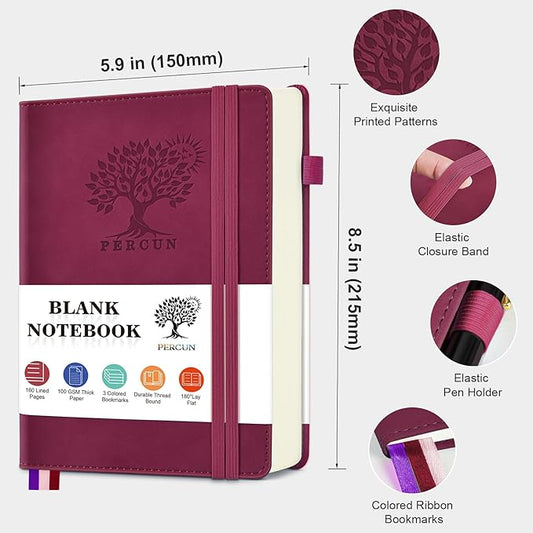 PERCUN Blank Journal Ntebook for Men & Women, 160 Pages Blank Journals for Writing, Drawing,Sketch Book,5.9" x 8.5" Leather Sketchbook, Unlined Notebook for Work, School, Art (Burgundy)