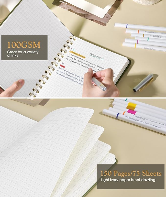 Office Prime Graph Spiral Notebook — A5, 5.75×8.38 in, 150 Pages, Olive Green