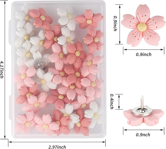 30pcs Decorative Flower Push Pins - Pink Thumb Tacks for Cork Board, Photo Wall, Feature Wall, Map, Bulletin Board, Office or Home
