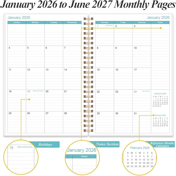 2026-2027 Planner - 18 Months Weekly & Monthly Planner from January 2026 - June 2027, Spiral Notebook 2026-2027 with Elastic Closure, Inner Pocket, Medium 5.8" x 8.3", Blue Watercolor