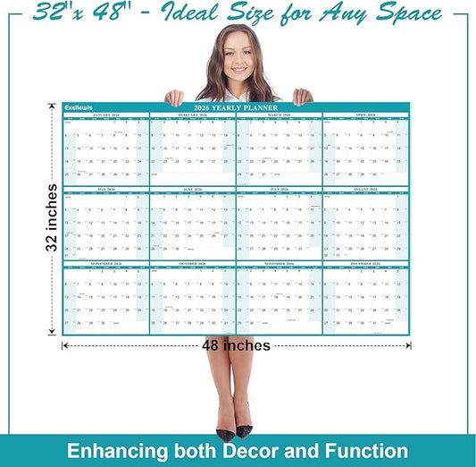 32" x 48" Exellewis 2026 Wall Calendar Erasable, Wet & Dry Erase Large Laminated Annual Yearly Planner - 12 Month Horizontal/Vertical Calendar January to December for Easy Planning, Organizing
