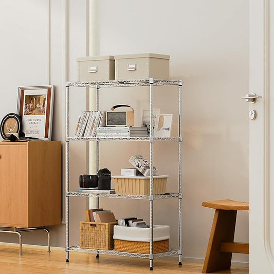 M MZG 1000 lbs 4Tier Shelf Metal Storage Shelves Wire Rack Closet Organizers with Wheel for Garage Kitchen Bathroom Laundry Chrome 13.7" D x 29.5" W x 47.2" H