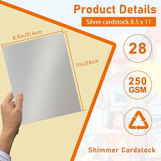 28 Sheets Silver Shimmer Cardstock 8.5 x 11 Craft Paper, 92lb Premium Glossy Grey Paper Card Stock for Wedding, Scrapbooking, Business Cards, Making Cards, Menus