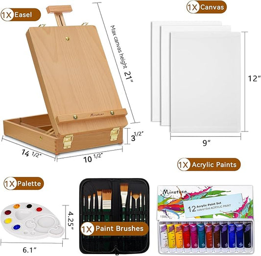Deluxe Art Supplies 27 Pieces Art Set with Tabletop Easel, 12 Colors Acrylic Paint, 10 Paint Brushes, 3 Canvas Panels, Palettes