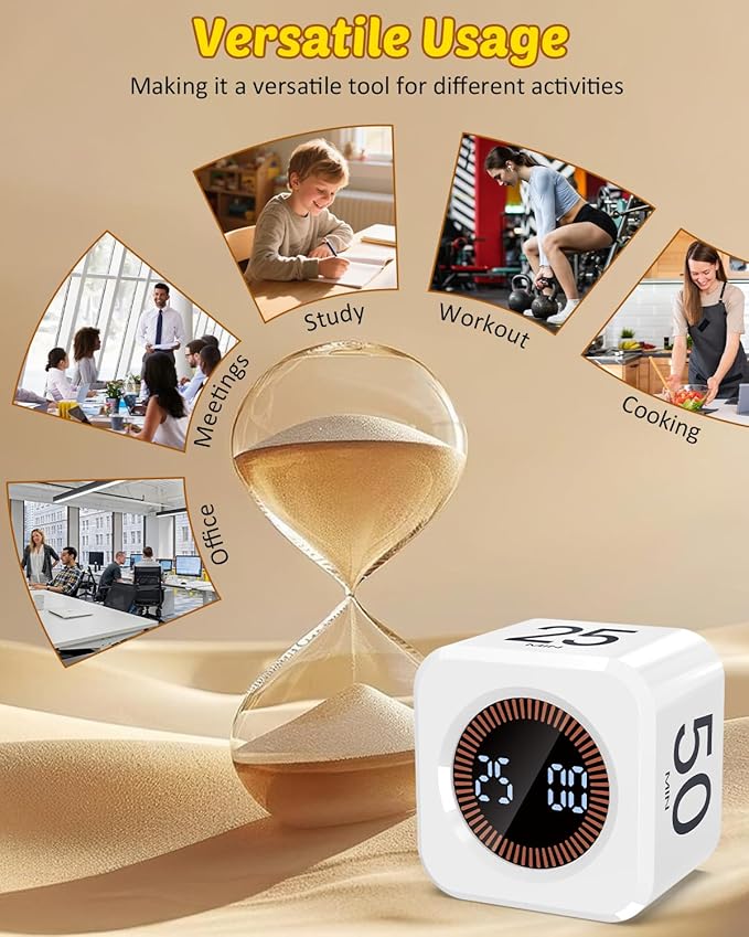 Digital Pomodoro Timer Cube 5/10/25/50min, Visual Productivity Flip Timer for Kids Classroom Desk, Custom Countdown, Silent and Sound Mode for ADHD Study Work Game Kitchen (White)