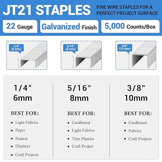 meite JT21 Staples, 3/8 Inch Galvanized Fine Wire Staples for Staple Gun - 7/16" Crown JT21 Staple Refill, Ideal for Upholstery, Crafts, Furniture (5 Boxes)