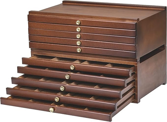 MEEDEN 10-Drawer Art Supply Storage Box, Beech Wood Art Box, Large Capacity Wooden Pencil Box with Drawer & Compartments for Organizing Pastels, Pencils, Pens, Markers, Brushes & Stamp, Walnut