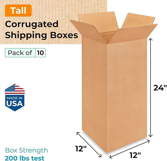 Tall Moving & Shipping Boxes 12x12x24 inches (10-Pack) - Extra Strength 200 lb vs Regular - Corrugated Durable Moving Boxes - Box for Packaging - Packing Box for Shipping by IDL Packaging