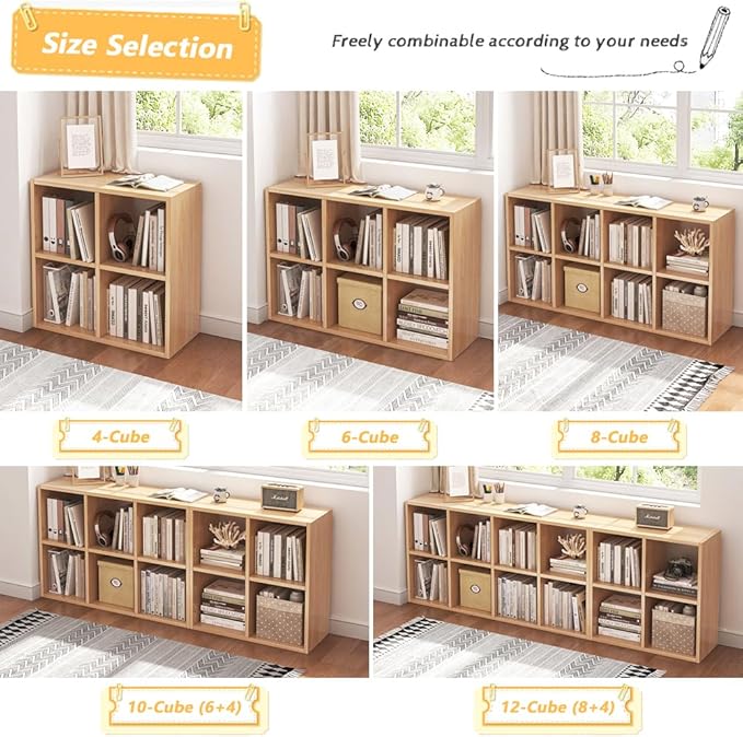 NELYE 8 Cube Organizer Bookcase - Fabric Storage Bins Container, Open Shelf Simple Compartments Bookshelf, Oak