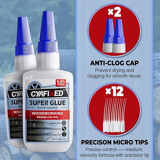 Wood Super Glue 113.6 Gram 4oz, Clear Instant Medium Cyanoacrylate Adhesive Liquid for Woodworking Wooden Crafts Furniture Repairs, All Purpose Strong CA Glue for Metal Glass Plastic Ceramic Leather