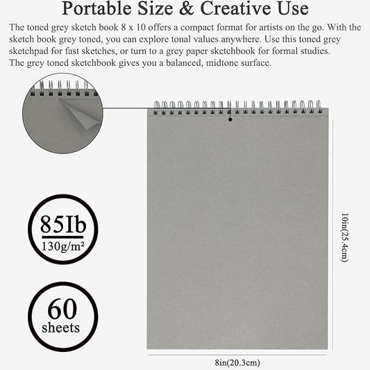 Fuxi Toned Gray Sketchbook 8x10, 60 Sheets (85lb/130gsm) Acid-Free Drawing Paper, Spiral Bound Sketch Pads for Drawing, Pencil, Charcoal, Colored Pencils & Anime Illustration.