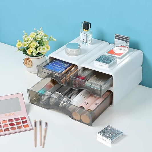 OSteed White Desktop Drawers for Paper, Stackable Office Storage Drawers for Desk, Craft Organizer and Storage Bins, 3 Mixed Storage Container with Plastic Drawers for Office Supplies