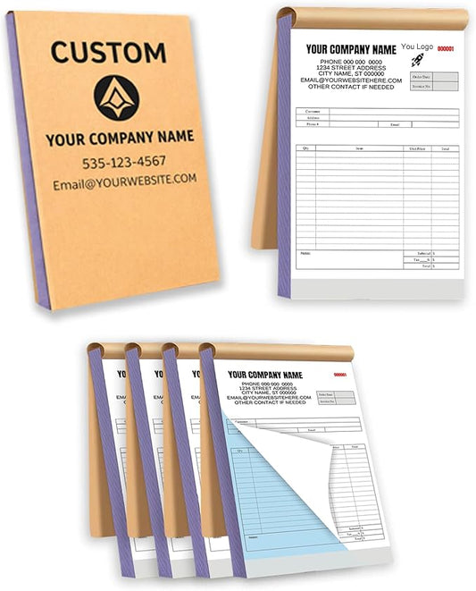 Custom Carbonless Invoice Book with Logo, Personalized Cover & Inner Pages, 2 Part NCR Receipt & Work Order Forms, Easy Tear, Writing Shield for Small Business (2-Part [White/Blue], 10.24 * 7.48INCH)