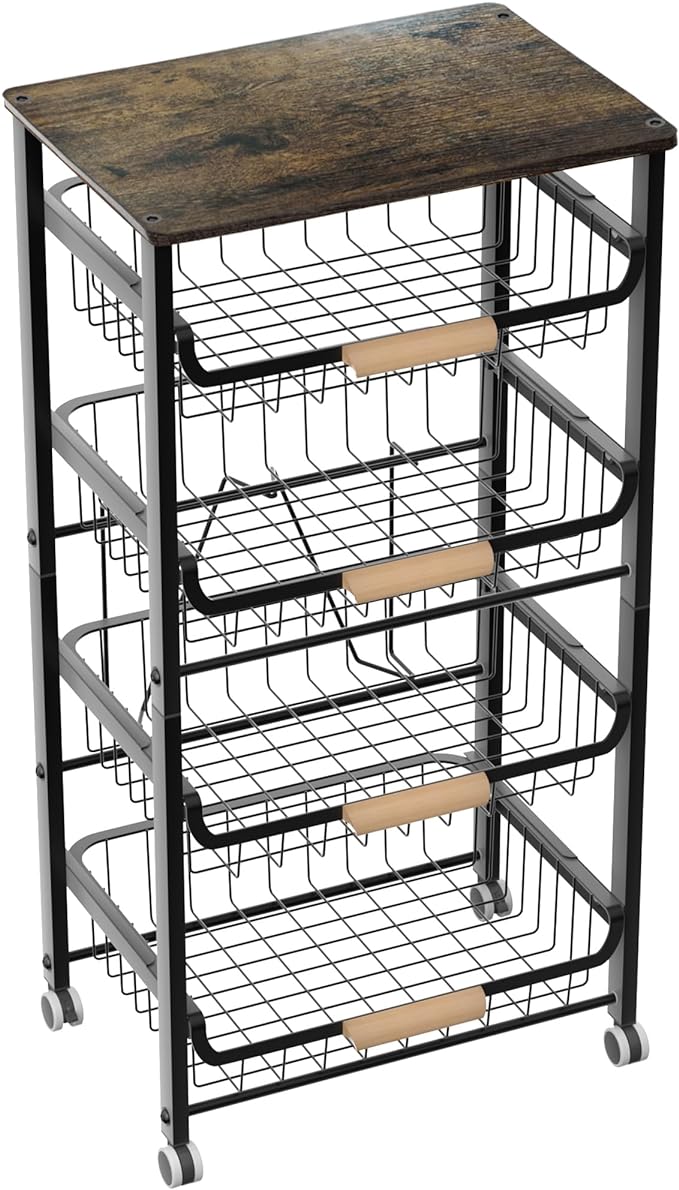 NiuYichee 5-Layer Fruit Basket Kitchen Food Organizer and Rack, Stackable Storage Cart with Desktop, Pull-Out Hollow Metal Basket, Wheeled Sorting Rack Spice Rack, Black