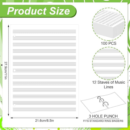 Fullhawl Loose Leaf Music Filler Manuscript Paper 8.5"x11" with 12 Staves of Music Lines 100 Sheets 3 Hole Blank Manuscript Staff Paper for Compositions