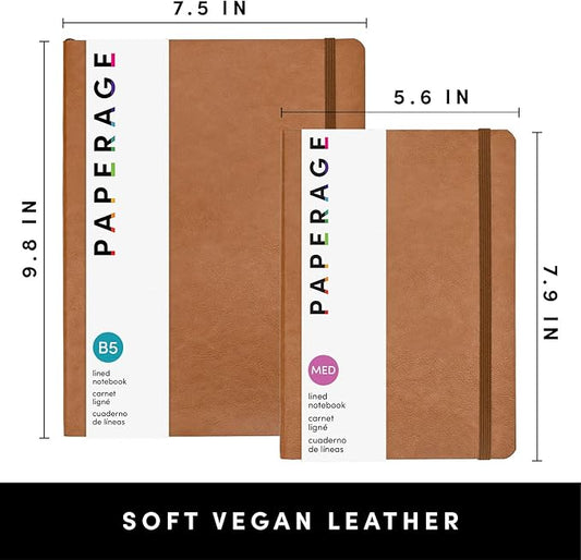 PAPERAGE Softcover Lined Journal Notebook (Cognac), 176 Pages, Large B5 College Ruled Notebook, 7.5 inches x 9.8 inches - 100 GSM Premium Paper, Soft Vegan Leather Journal for Home, Work & School