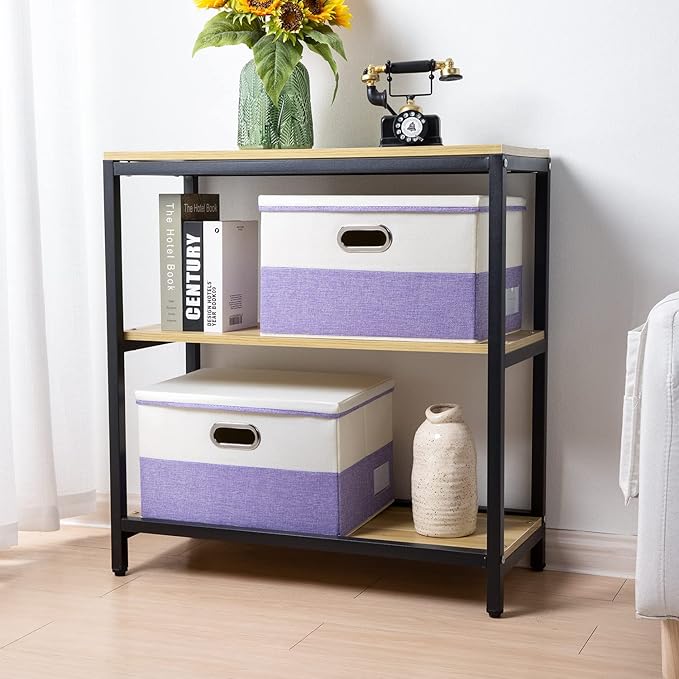 PRANDOM Large Foldable Storage Bins with Lids [3-Pack] linen Fabric... (Purple..