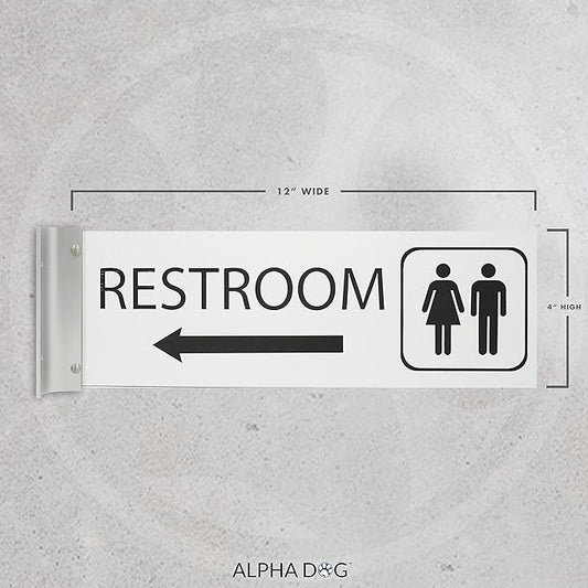 ALPHA DOG SIGNS Corridor Projecting Hallway Bathroom Sign, Left Arrow, 4"x12" Double Sided, Indoor/Outdoor, Easy Install, Durable Business Wayfinding Plaque, USA-Made (White)