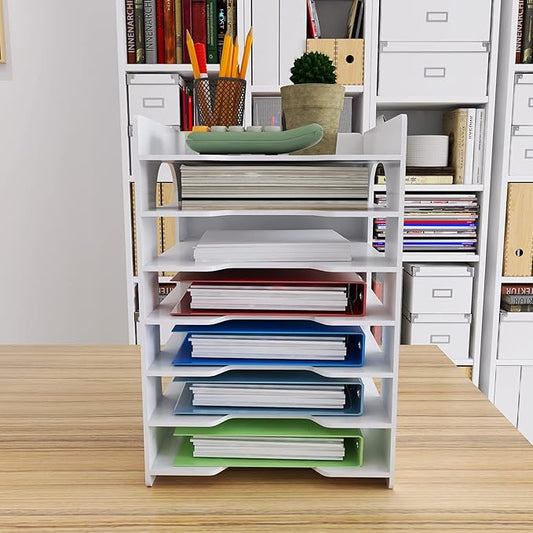 Natwind 7 Tiers Paper Organizer for Desk Desktop White File Holder Office Desk Organizer Mail Letter Tray & Paper Sorter Document Notebooks Storage Rack for Home Office School Classroom