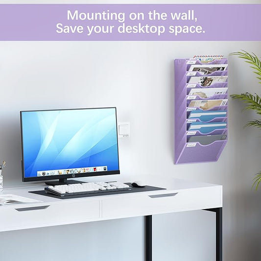 EasyPAG 8 Pocket Mesh Wall File Organizer, Hanging Paper Folder Holder with Classify Label, Vertical Wall Mount Mail Organizer for Office Home Classroom, Purple