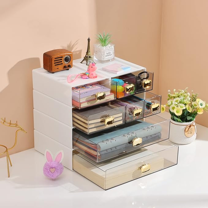 OSteed Spacious Desktop Storage Box, 1 Large 1 Middle & 2 Small Storage Drawers, Stackable Office Desk Drawer Organizer and Accessories, Printer Paper Organizer, White Plastic Drawers for Workspace