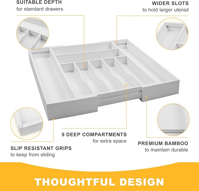 oridom Large Premium Bamboo Silverware Organizer - Expandable Drawer Organizer & Utensil Organizer - 17"x19.7" Cutlery Tray with Dividers for Kitchen Utensils and Flatware (7-9 Slots) (White)
