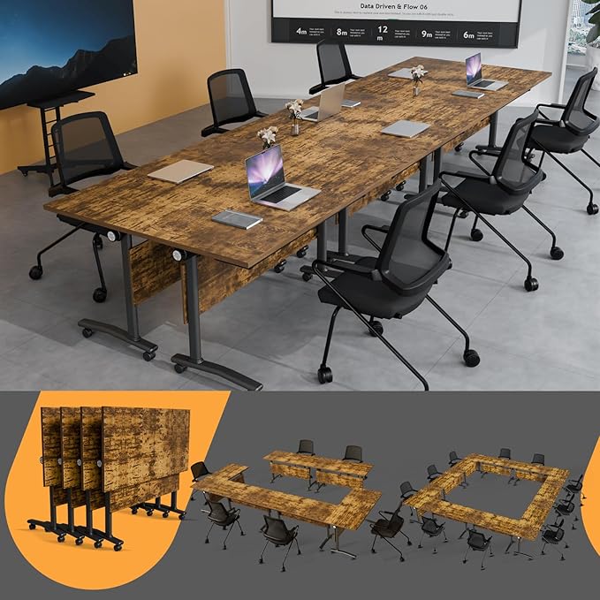 Folding Conference Table 4ft 5ft, Foldable Office Meeting Desk for 6 People, Multiple Sizes Colors Mobile Conference Room Table for Training Room School Business Furniture (2, Brown, 55in)