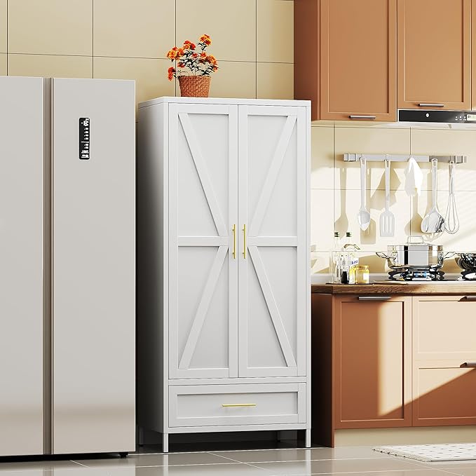 SUPEER Metal Wardrobe Cabinet with 1 Drawer and Hanging Rod, 70.9" H Metal Closet Cabient with Adjustable Shelf for Bedroom, Laundry Room, Home,Office,Installation Required,White