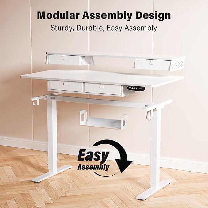 Kingant 40 x 24 Inch Electric Standing Desk with 4 Drawers, Height Adjustable Sit to Stand Computer Desk with Storage Shelf and C-Clamp Mount Compatibility for Home Office, White