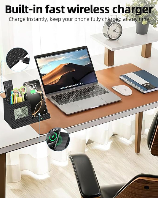 Multifunctional Pen Holder and Organizer for Desk with Wireless Charger, Digital Indoor Thermometer and Humidity Gauge, Home Office Organizers and Storage (Battery Included)