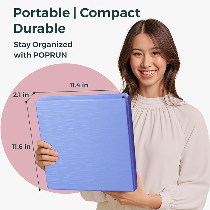 POPRUN 3 Ring Binder 1.5 Inch, PVC-Free, Holds 325 Sheets of 8.5 x 11 Paper, Extra Durable Organizer with 2 Pockets for School & Office, Heavy-Duty, 4 Pack, Midnight Green